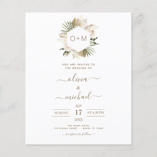 Monogram budget Tropische Pampas Grass Wedding Flyer (Voorkant)