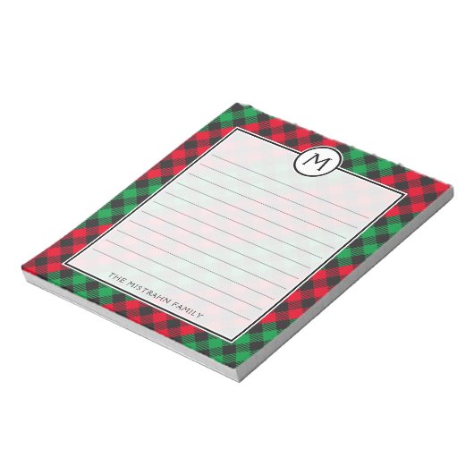 Monogram Buffel Plaid Feestelijke Kerst Notitieblok (Linkerzijde)
