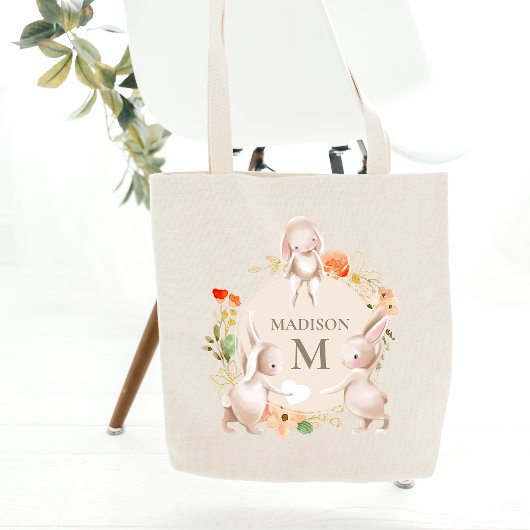 Monogram Bunny Rabbits Floral Easter, op maat gesn Tote Bag