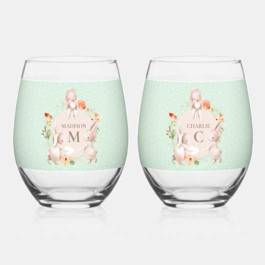 Monogram Bunny Rabbits Floral Easter, op maat gesn Wijnglas Zonder Voet (Achterkant)