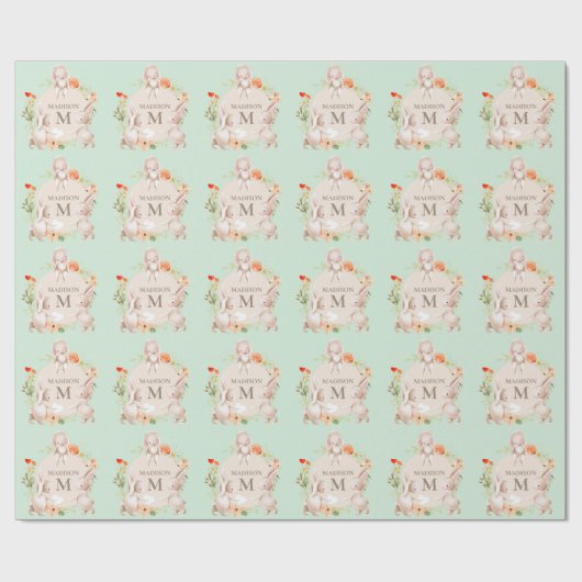 Monogram Bunny Rabbits Floral gepersonaliseerd Bab Cadeaupapier (Vlak)