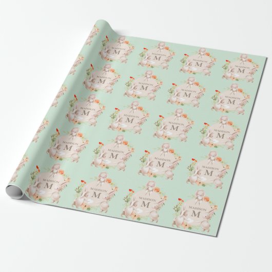 Monogram Bunny Rabbits Floral gepersonaliseerd Bab Cadeaupapier (Uitgerold)