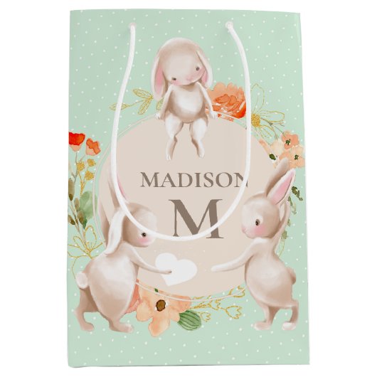 Monogram Bunny Rabbits Floral gepersonaliseerd Bab Medium Cadeauzakje (Voorkant)