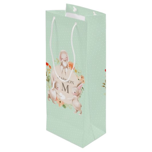 Monogram Bunny Rabbits Floral gepersonaliseerd Bab Wijn Cadeautas (Achterkant Gekanteld)