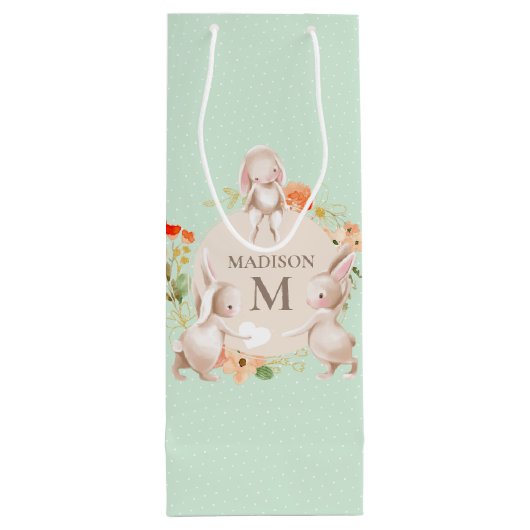 Monogram Bunny Rabbits Floral gepersonaliseerd Bab Wijn Cadeautas (Achterkant)