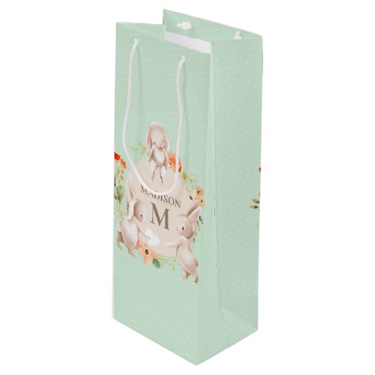 Monogram Bunny Rabbits Floral gepersonaliseerd Bab Wijn Cadeautas (Voorkant Gekanteld)