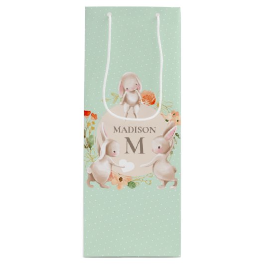 Monogram Bunny Rabbits Floral gepersonaliseerd Bab Wijn Cadeautas (Voorkant)