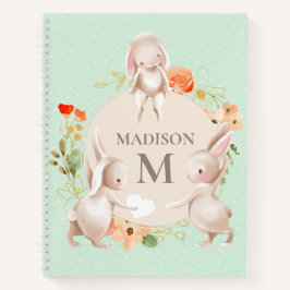 Monogram Bunny Rabbits Floral Girly Persoonlijk Notitieboek