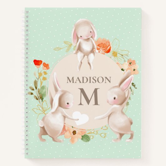 Monogram Bunny Rabbits Floral Girly Persoonlijk Notitieboek (Voorkant)
