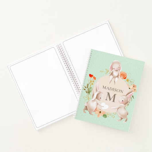 Monogram Bunny Rabbits Floral Girly Persoonlijk Notitieboek (Binnen)