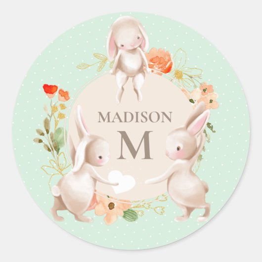 Monogram Bunny Rabbits Floral Girly Persoonlijk Ronde Sticker (Voorkant)