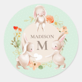 Monogram Bunny Rabbits Floral Girly Persoonlijk Ronde Sticker