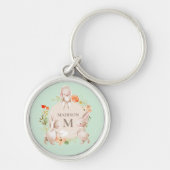 Monogram Bunny Rabbits Floral Girly Persoonlijk Sleutelhanger (Voorkant)