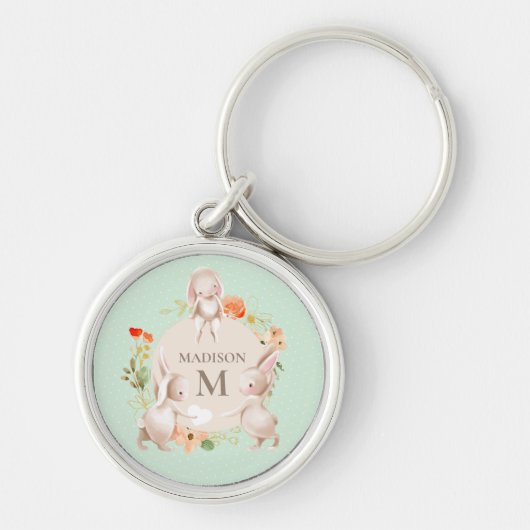 Monogram Bunny Rabbits Floral Girly Persoonlijk Sleutelhanger (Voorkant)