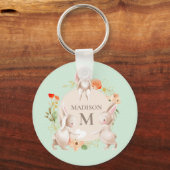 Monogram Bunny Rabbits Floral Girly Persoonlijk Sleutelhanger (Voorkant)