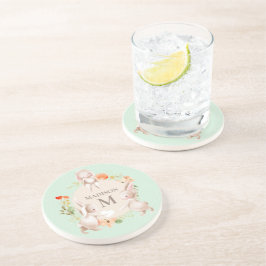 Monogram Bunny Rabbits Floral Girly Persoonlijk Zandsteen Onderzetter