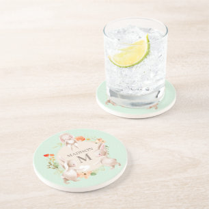 Monogram Bunny Rabbits Floral Girly Persoonlijk Zandsteen Onderzetter