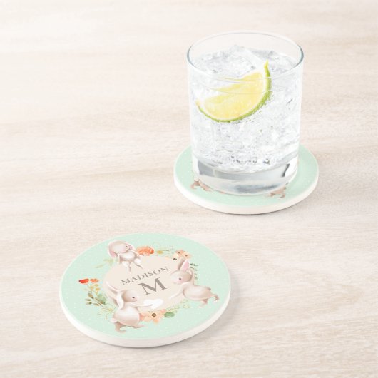 Monogram Bunny Rabbits Floral Girly Persoonlijk Zandsteen Onderzetter (Zijkant)