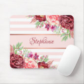 Monogram Burgundy Blush Floral Stripes Naam Muismat (Met muis)