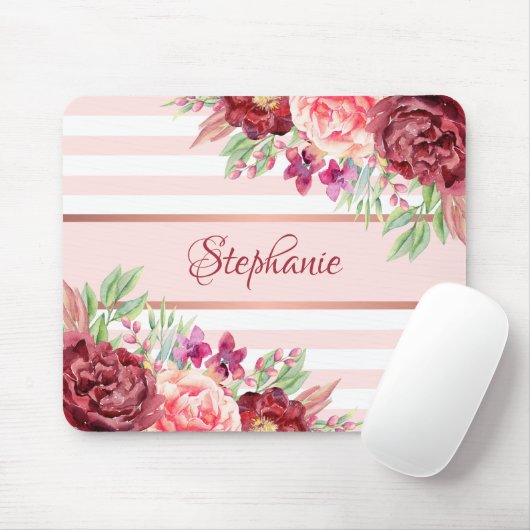 Monogram Burgundy Blush Floral Stripes Naam Muismat (Met muis)