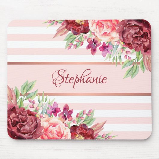 Monogram Burgundy Blush Floral Stripes Naam Muismat (Voorkant)