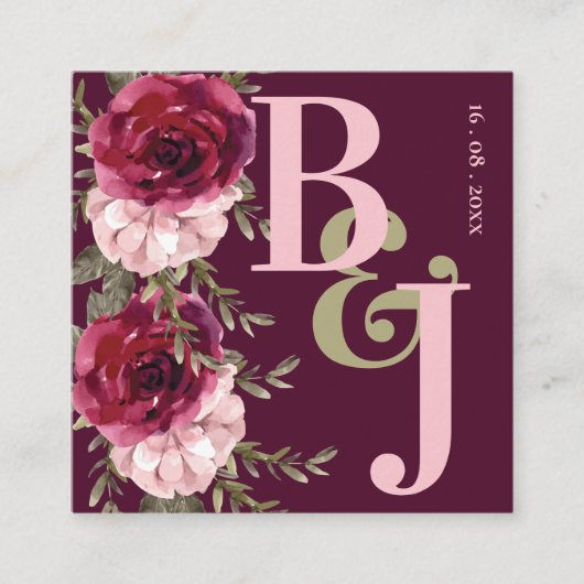 Monogram Burgundy Blush Pink Floral Weddenschap Informatiekaartje (Voorkant)
