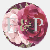  Monogram Burgundy Blush Pink Floral Weddenschap Ronde Sticker (Voorkant)