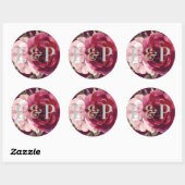  Monogram Burgundy Blush Pink Floral Weddenschap Ronde Sticker (Vel)