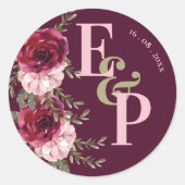 Monogram Burgundy Blush Pink Floral Weddenschap Ronde Sticker (Voorkant)