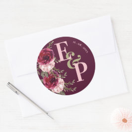  Monogram Burgundy Blush Pink Floral Weddenschap Ronde Sticker
