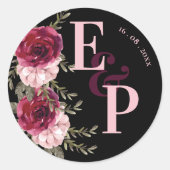 Monogram Burgundy Blush Pink Floral Weddenschap Ronde Sticker (Voorkant)