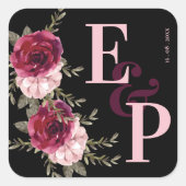 Monogram Burgundy Blush Pink Floral Weddenschap Vierkante Sticker (Voorkant)