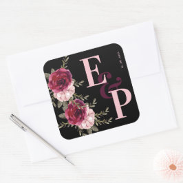  Monogram Burgundy Blush Pink Floral Weddenschap Vierkante Sticker