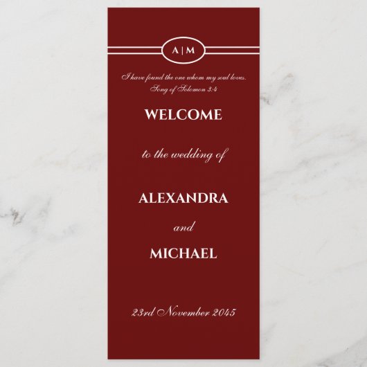 Monogram Burgundy Christian Wedding Program Programmakaart (Voorkant)