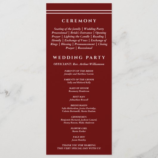 Monogram Burgundy Christian Wedding Program Programmakaart (Achterkant)