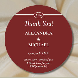 Monogram Burgundy Christian Wedding Thank You Ronde Sticker