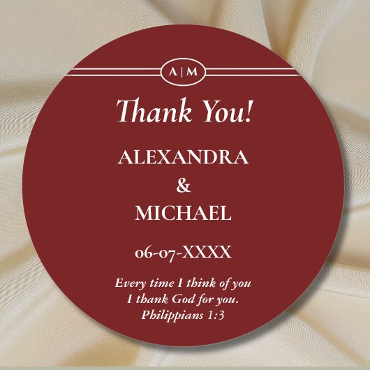 Monogram Burgundy Christian Wedding Thank You Ronde Sticker