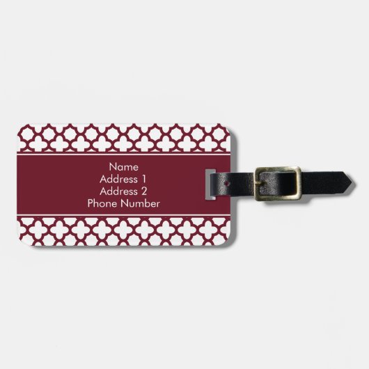 Monogram Burgundy en White Quatrefoil Pattern Bagagelabel (Voorkant horizontaal)