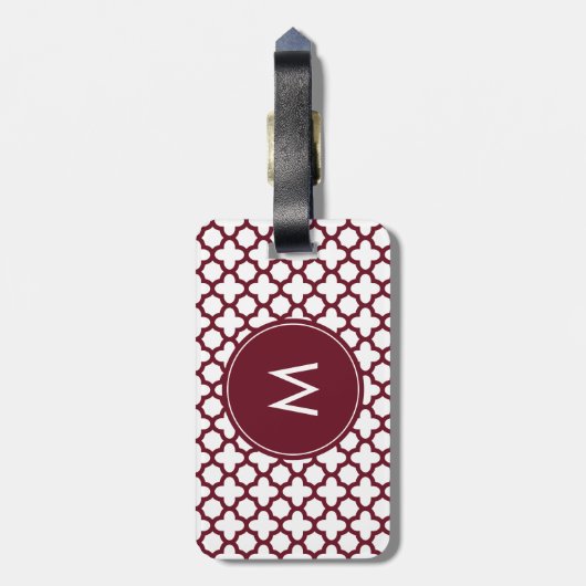 Monogram Burgundy en White Quatrefoil Pattern Bagagelabel (Achterkant verticaal)