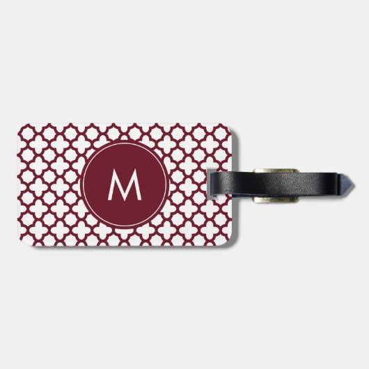 Monogram Burgundy en White Quatrefoil Pattern Bagagelabel (Achterkant horizontaal)