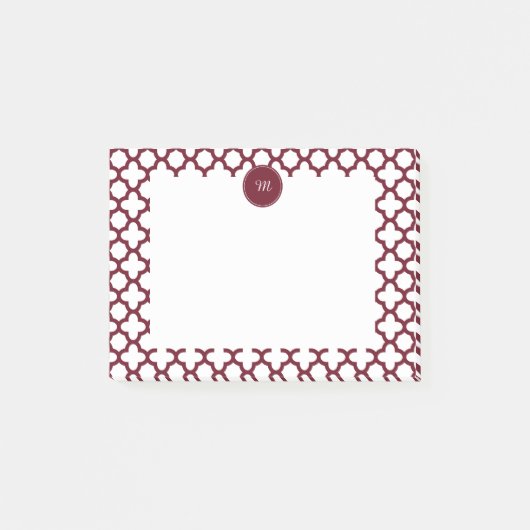 Monogram Burgundy en White Quatrefoil Pattern Post-it® Notes (Voorkant)