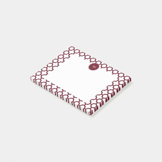 Monogram Burgundy en White Quatrefoil Pattern Post-it® Notes (Schuin)