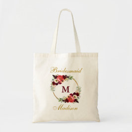 Monogram Burgundy Floral Gold Bridesmaid Tote Bag