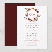Monogram Burgundy Floral Greenery Wedding Kaart (Voorkant / Achterkant)
