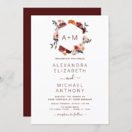 Monogram Burgundy Floral Greenery Wedding Kaart