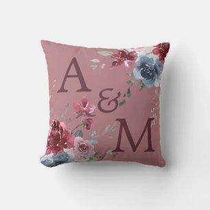 Monogram Burgundy Initialen Dusty Roos Blue Floral Kussen