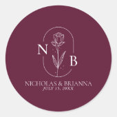 Monogram Burgundy Minimalist Modern Wedding Ronde Sticker (Voorkant)