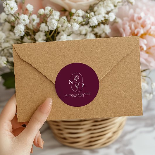 Monogram Burgundy Minimalist Modern Wedding Ronde Sticker