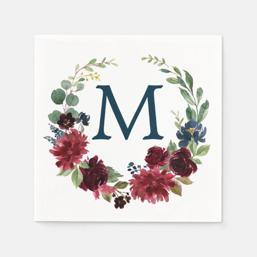 Monogram Burgundy Navy Wedding Cocktail Napkin Servet (Voorkant)