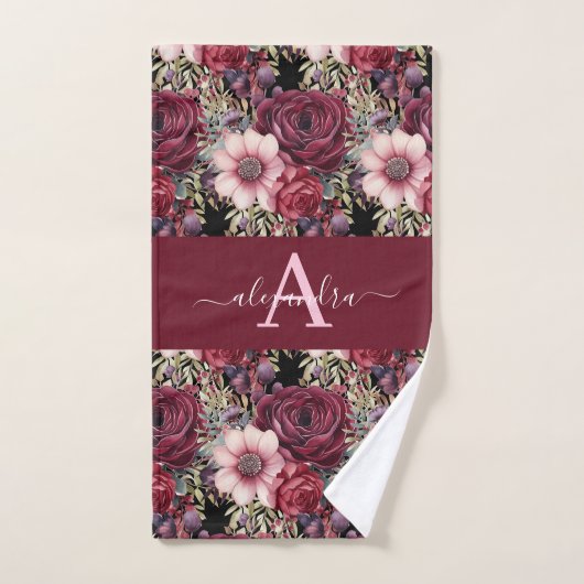 Monogram Burgundy & Pink Floral Elegant Towel Set Bad Handdoek (Handdoek)